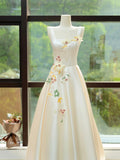 Elegant Satin Floor Length Formal Dress with 3D Flowers, Light Champagne A-Line Evening Party Dress HZ0429