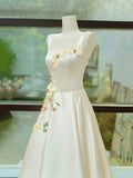 Elegant Satin Floor Length Formal Dress with 3D Flowers, Light Champagne A-Line Evening Party Dress HZ0429