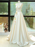 Elegant Satin Floor Length Formal Dress with 3D Flowers, Light Champagne A-Line Evening Party Dress HZ0429