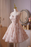 Pink Tulle Lace Short A-Line Prom Party Dress, Cute Spaghetti Strap Homecoming Dress HZ0429