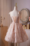 Pink Tulle Lace Short A-Line Prom Party Dress, Cute Spaghetti Strap Homecoming Dress HZ0429