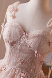 Pink Tulle Lace Short A-Line Prom Party Dress, Cute Spaghetti Strap Homecoming Dress HZ0429