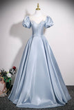 Light Blue Satin Ball Gown with Puff Sleeves, Princess Formal Evening Dress for Prom HZ0429
