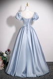Light Blue Satin Ball Gown with Puff Sleeves, Princess Formal Evening Dress for Prom HZ0429