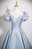 Light Blue Satin Ball Gown with Puff Sleeves, Princess Formal Evening Dress for Prom HZ0429