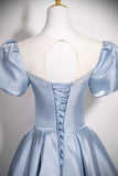 Light Blue Satin Ball Gown with Puff Sleeves, Princess Formal Evening Dress for Prom HZ0429