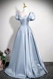 Light Blue Satin Ball Gown with Puff Sleeves, Princess Formal Evening Dress for Prom HZ0429