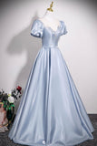 Light Blue Satin Ball Gown with Puff Sleeves, Princess Formal Evening Dress for Prom HZ0429