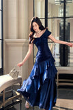 Navy Blue Satin Off-the-Shoulder Mermaid Evening Gown with Ruffles HZ0429