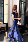 Navy Blue Satin Off-the-Shoulder Mermaid Evening Gown with Ruffles HZ0429