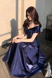Navy Blue Satin Off-the-Shoulder Mermaid Evening Gown with Ruffles HZ0429