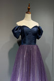 Navy Blue Bodice Ombre Tulle Prom Dress Off Shoulder Puff Sleeve Glitter Evening Gown HZ0429