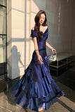 Navy Blue Satin Off-the-Shoulder Mermaid Evening Gown with Ruffles HZ0429
