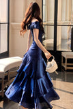 Navy Blue Satin Off-the-Shoulder Mermaid Evening Gown with Ruffles HZ0429
