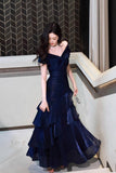 Navy Blue Satin Off-the-Shoulder Mermaid Evening Gown with Ruffles HZ0429