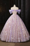 Lavender Off Shoulder Floral Sequins Ball Gown for Party and Prom HZ0429