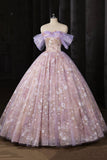 Lavender Off Shoulder Floral Sequins Ball Gown for Party and Prom HZ0429