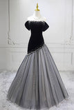 Black Off Shoulder Velvet Ball Gown with Pearl, Formal Evening Dress for Women HZ0429