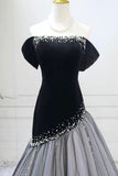 Black Off Shoulder Velvet Ball Gown with Pearl, Formal Evening Dress for Women HZ0429