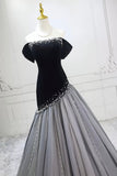 Black Off Shoulder Velvet Ball Gown with Pearl, Formal Evening Dress for Women HZ0429