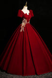 Burgundy Velvet Lace Long Prom Dress, A-Line Short Sleeve Evening Party Dress HZ0429