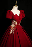 Burgundy Velvet Lace Long Prom Dress, A-Line Short Sleeve Evening Party Dress HZ0429