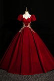 Burgundy Velvet Lace Long Prom Dress, A-Line Short Sleeve Evening Party Dress HZ0429