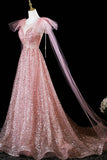 A-Line Shiny Tulle Sequins Long Prom Dress, Pink Evening Party Dress HZ0429