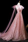 A-Line Shiny Tulle Sequins Long Prom Dress, Pink Evening Party Dress HZ0429